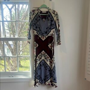 Floral Pattern Long Sleeve Maxi Dress - Burgundy & Light Blue